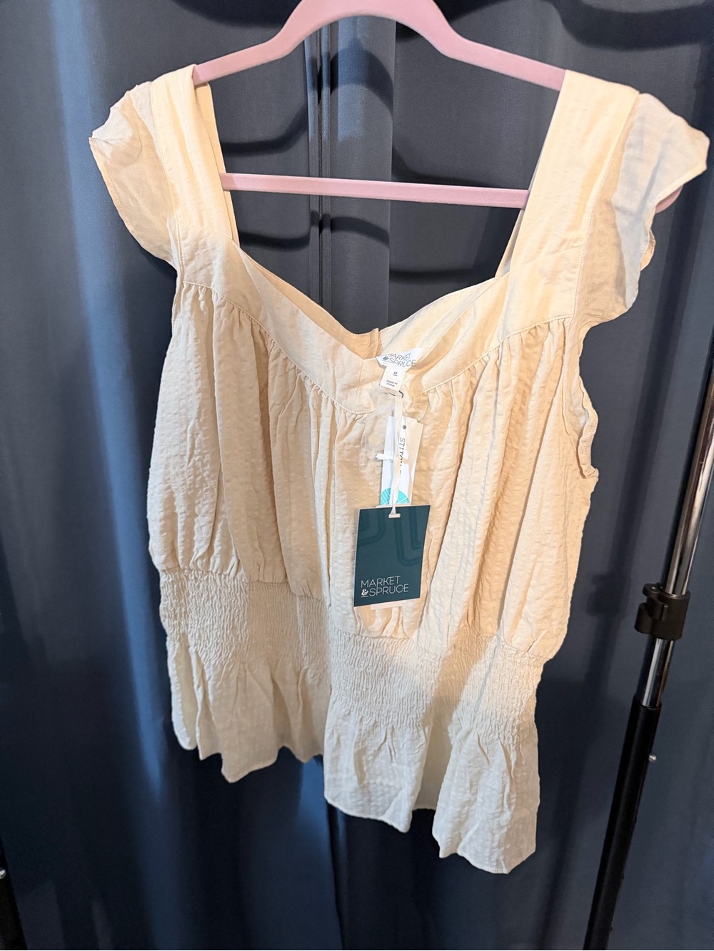 Market & Spruce Cream Smocked Square-Neck Blouse with Flutter Sleeves